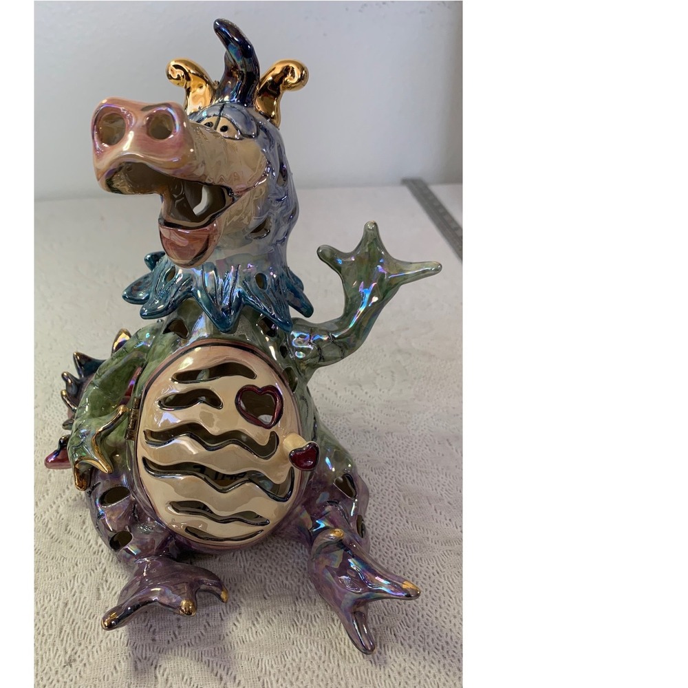 Iridescent Ceramic Dragon Tea Light Candle Holder Fantasy Figurine 10 Inch